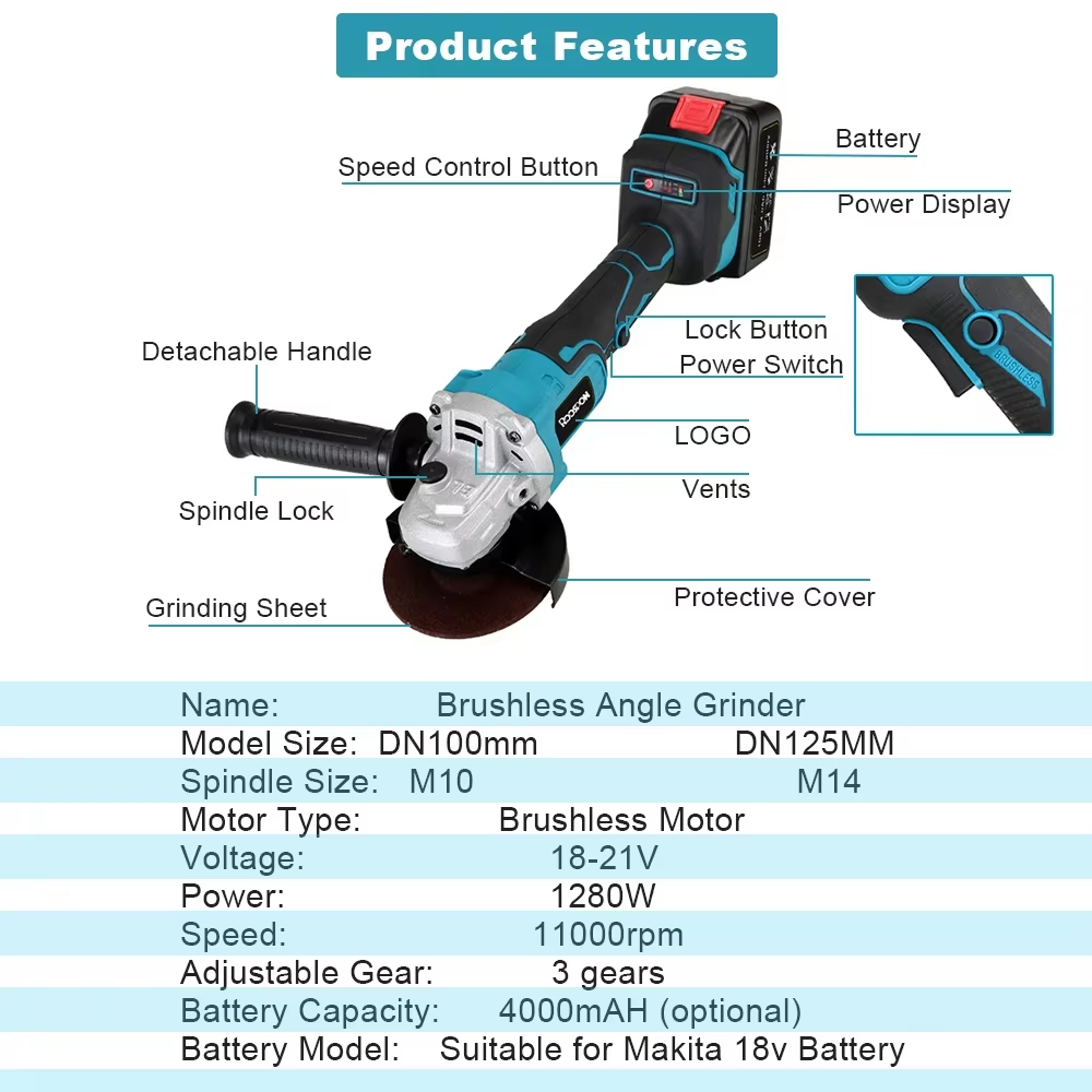 125/100mm moedor de ângulo sem - Brushless Angle Grinder Battery Powered avaliação e preço
